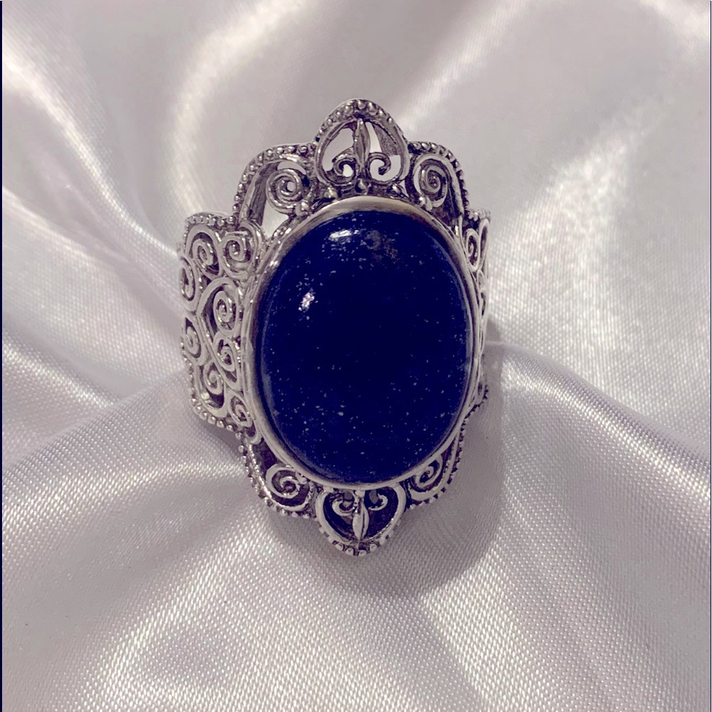 Lapis Lazuli Gemstone Ring Set In 925 Sterling Silver Boho Style Bali Design
